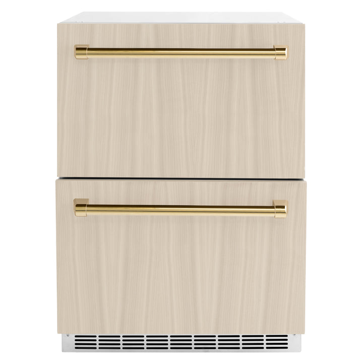ZLINE Autograph 24" Touchstone 168 Can Outdoor-Rated Refrigerator Drawer with Panel Ready Doors and 2 Polished Gold Handles, RDSPOZ-24-G