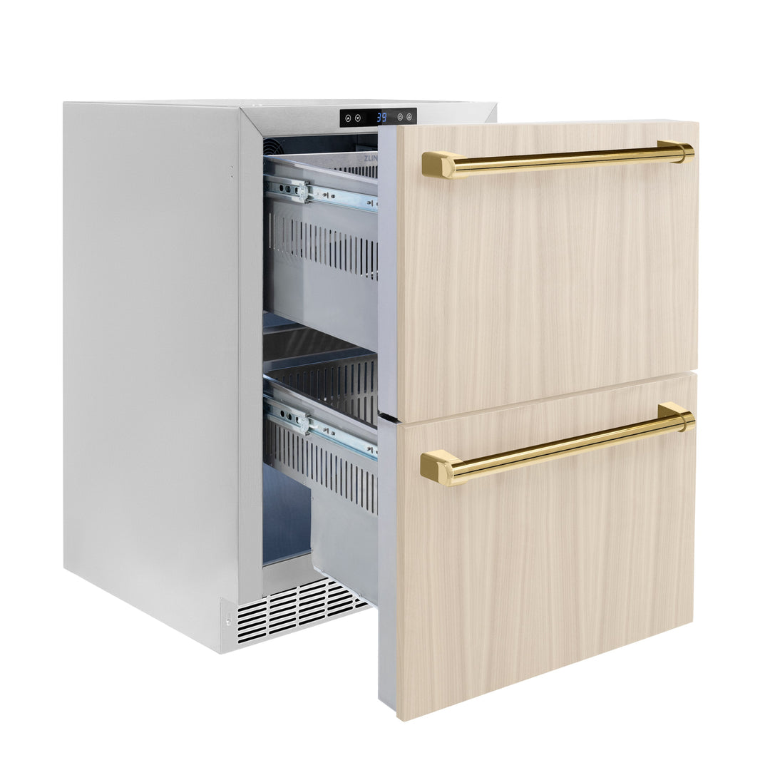 ZLINE Autograph 24" Touchstone 168 Can Outdoor-Rated Refrigerator Drawer with Panel Ready Doors and 2 Polished Gold Handles, RDSPOZ-24-G