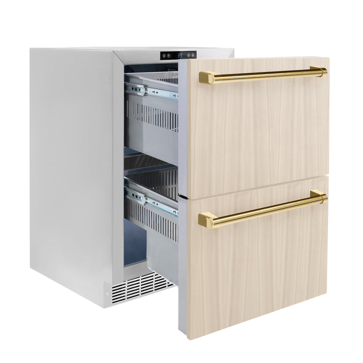 ZLINE Autograph 24" Touchstone 168 Can Outdoor-Rated Refrigerator Drawer with Panel Ready Doors and 2 Polished Gold Handles, RDSPOZ-24-G