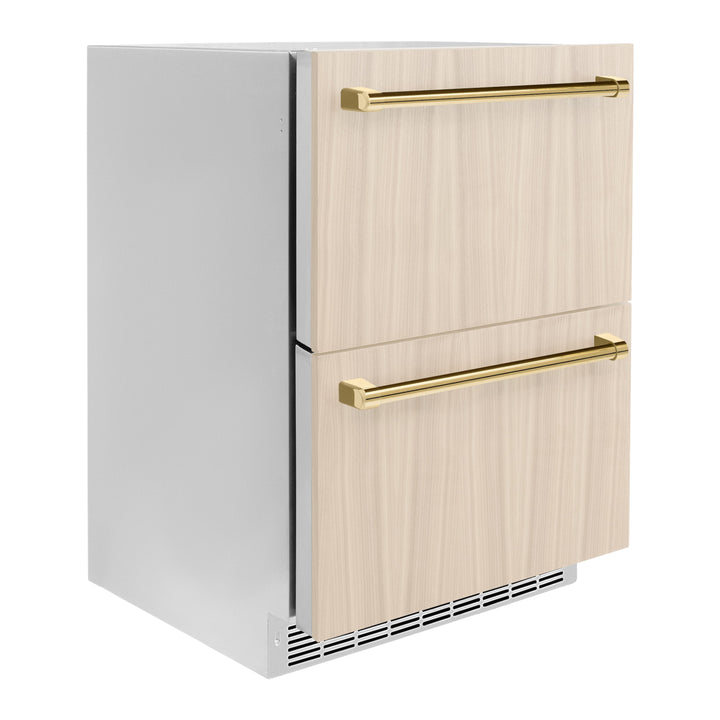 ZLINE Autograph 24" Touchstone 168 Can Outdoor-Rated Refrigerator Drawer with Panel Ready Doors and 2 Polished Gold Handles, RDSPOZ-24-G