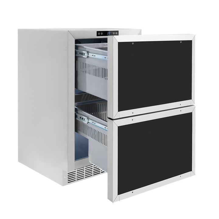 ZLINE Autograph 24" Touchstone 168 Can Outdoor-Rated Refrigerator Drawer with Panel Ready Doors and 2 Polished Gold Handles, RDSPOZ-24-G