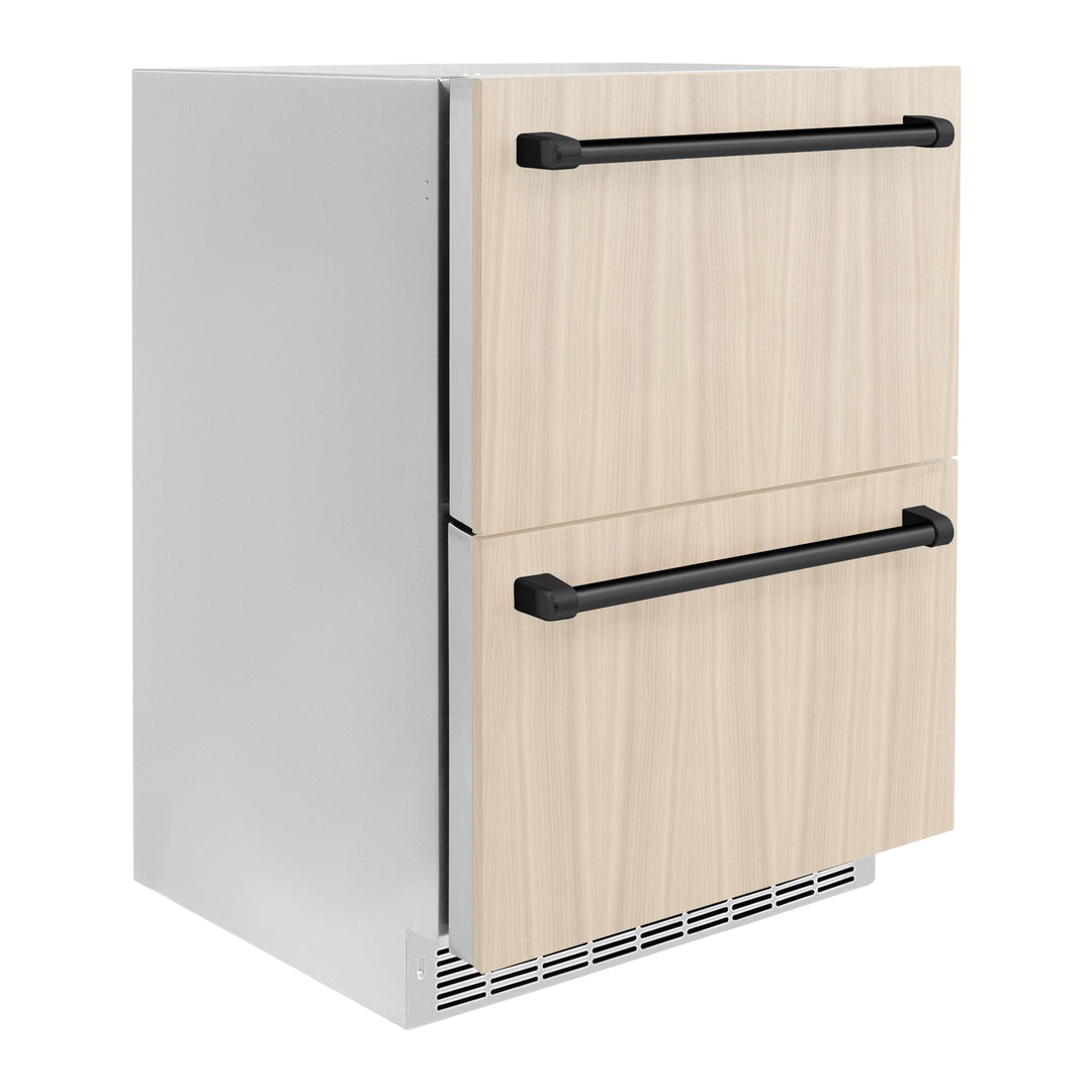 ZLINE Autograph 24" Touchstone 168 Can Outdoor-Rated Refrigerator Drawer with Panel Ready Doors and 2 Matte Black Handles, RDSPOZ-24-MB
