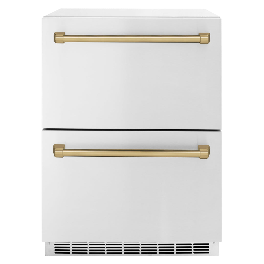ZLINE Autograph 24" Touchstone 168 Can Outdoor-Rated Refrigerator Drawer with Stainless Steel Doors and Champagne Bronze Handles, RDSOZ-ST-24-CB