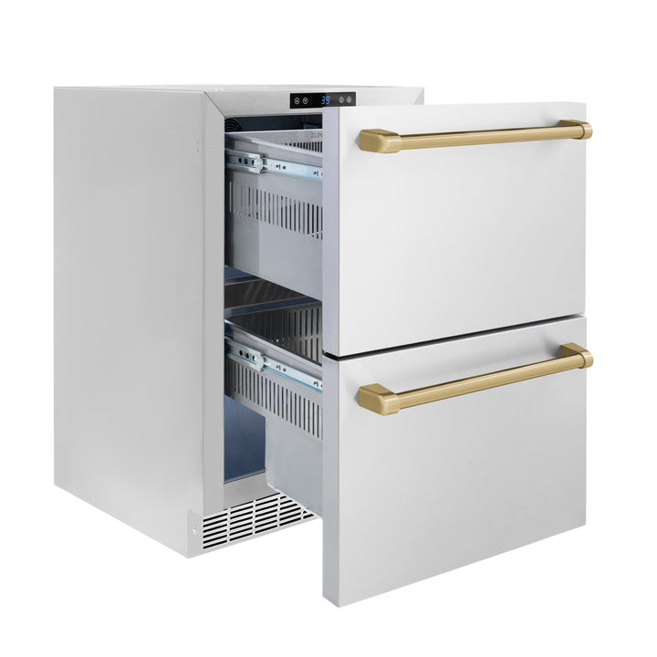 ZLINE Autograph 24" Touchstone 168 Can Outdoor-Rated Refrigerator Drawer with Stainless Steel Doors and Champagne Bronze Handles, RDSOZ-ST-24-CB