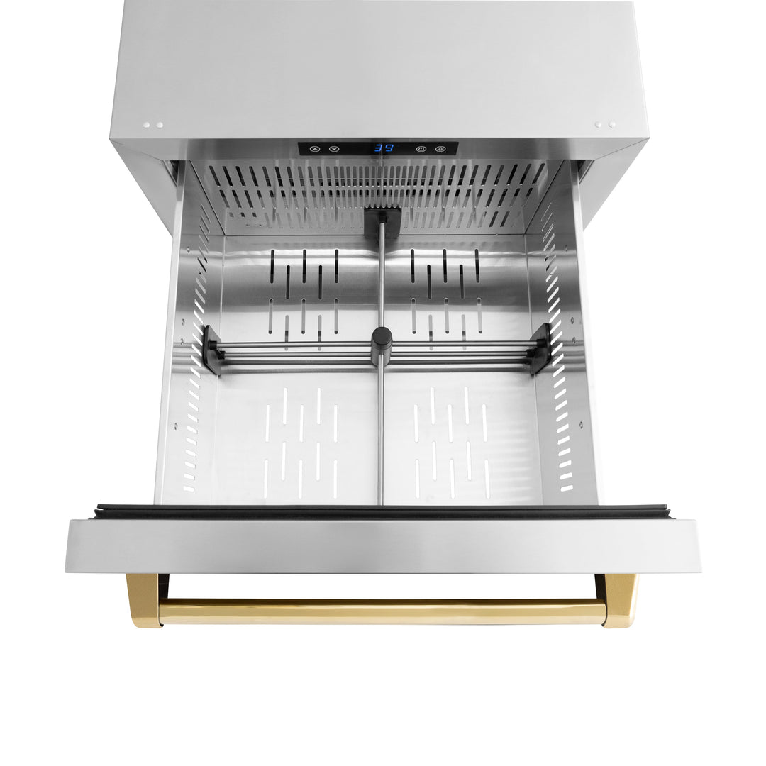 ZLINE Autograph 24" Touchstone 168 Can Outdoor-Rated Refrigerator Drawer with Stainless Steel Doors and Polished Gold Handles, RDSOZ-ST-24-G