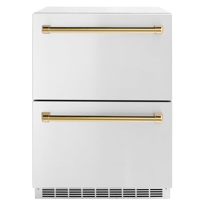 ZLINE Autograph 24" Touchstone 168 Can Outdoor-Rated Refrigerator Drawer with Stainless Steel Doors and Polished Gold Handles, RDSOZ-ST-24-G