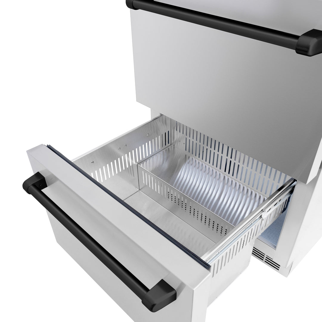 ZLINE Autograph 24" Touchstone 168 Can Outdoor-Rated Refrigerator Drawer with Stainless Steel Doors and Matte Black Handles, RDSOZ-ST-24-MB