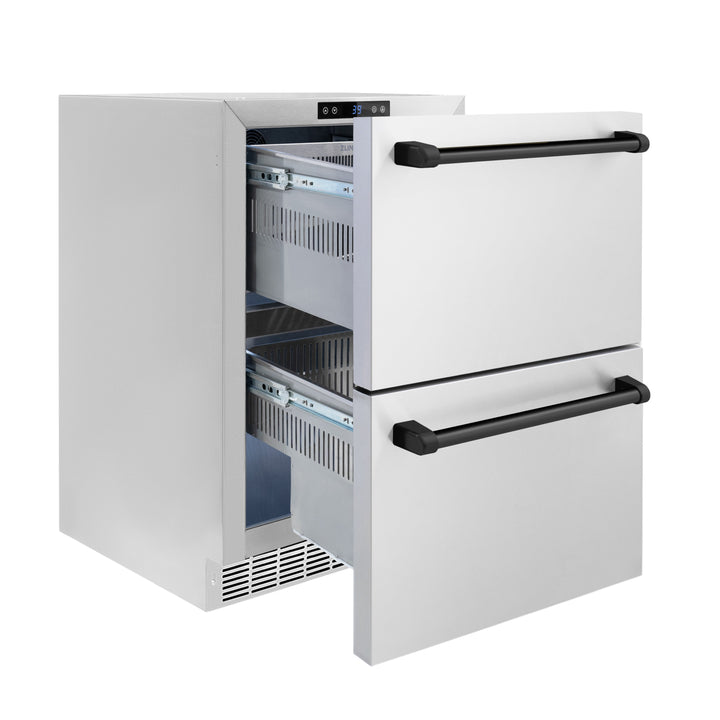 ZLINE Autograph 24" Touchstone 168 Can Outdoor-Rated Refrigerator Drawer with Stainless Steel Doors and Matte Black Handles, RDSOZ-ST-24-MB