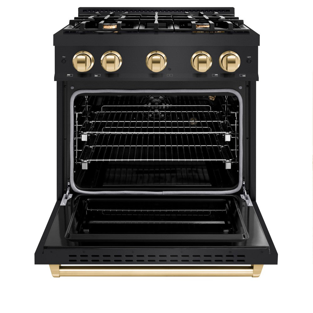 ZLINE Autograph 30" 4.2 cu. ft. Classic Gas Range with 4 Burners in Black Stainless Steel and Polished Gold Accents, CGRBZ-30-G