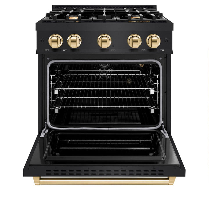 ZLINE Autograph 30" 4.2 cu. ft. Classic Gas Range with 4 Burners in Black Stainless Steel and Polished Gold Accents, CGRBZ-30-G