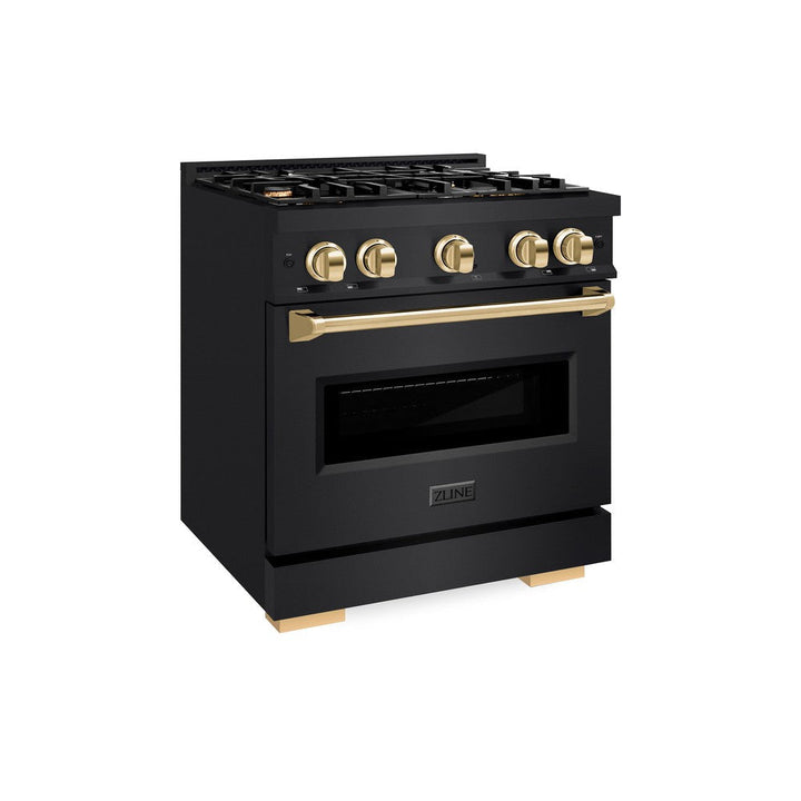 ZLINE Autograph 30" 4.2 cu. ft. Classic Gas Range with 4 Burners in Black Stainless Steel and Polished Gold Accents, CGRBZ-30-G