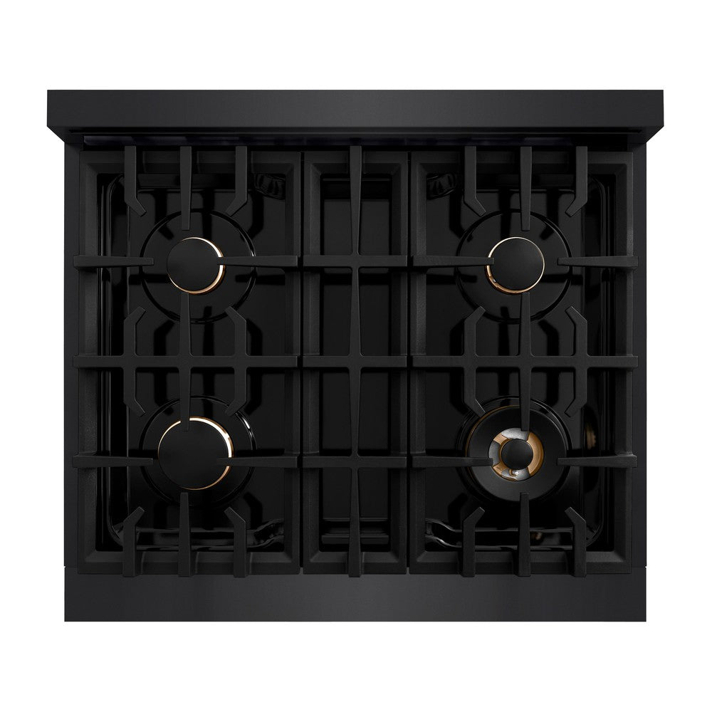 ZLINE Autograph 30" 4.2 cu. ft. Classic Gas Range with 4 Burners in Black Stainless Steel and Polished Gold Accents, CGRBZ-30-G