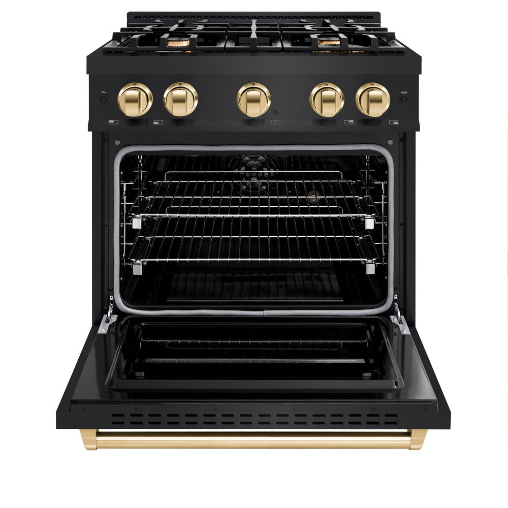 ZLINE Autograph 30" 4.2 cu. ft. Classic Dual Fuel Range with 4 Burners in Black Stainless Steel with Polished Gold Accents, CDRBZ-30-G