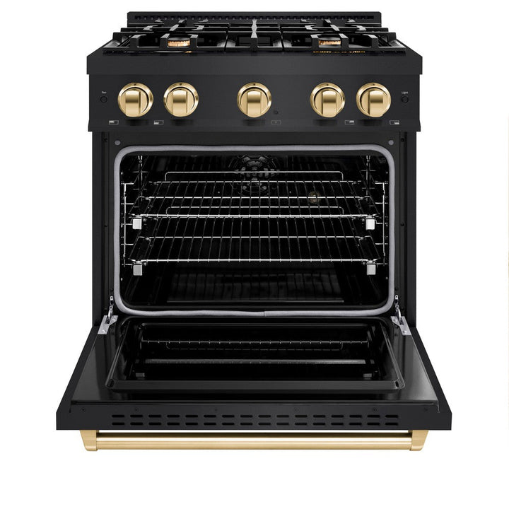 ZLINE Autograph 30" 4.2 cu. ft. Classic Dual Fuel Range with 4 Burners in Black Stainless Steel with Polished Gold Accents, CDRBZ-30-G