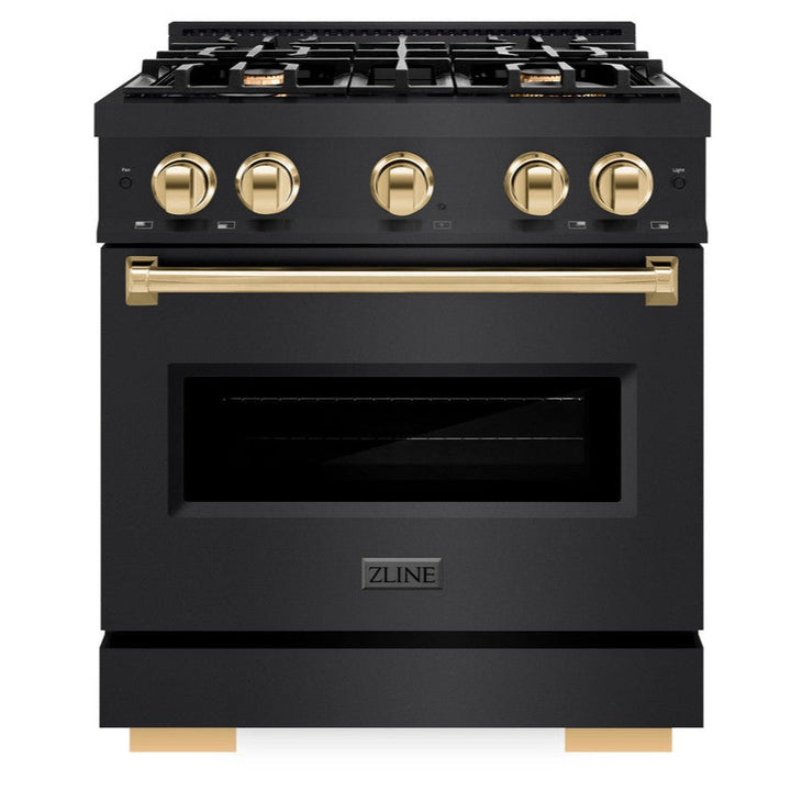 ZLINE Autograph 30" 4.2 cu. ft. Classic Dual Fuel Range with 4 Burners in Black Stainless Steel with Polished Gold Accents, CDRBZ-30-G