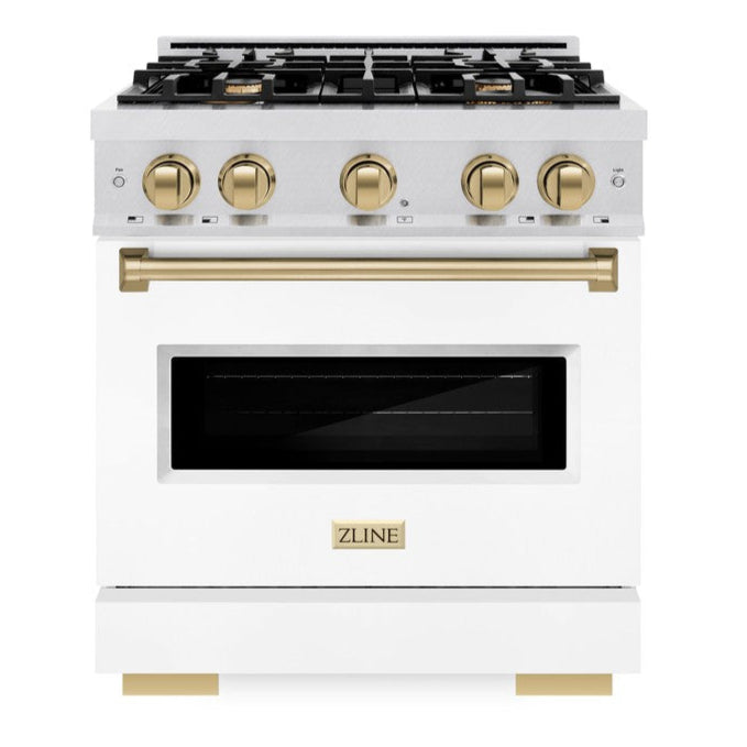 ZLINE Autograph 30" 4.2 cu. ft. Classic Dual Fuel Range with 4 Burners in DuraSnow® Stainless Steel with White Matte Door and Champagne Bronze Accents, CDRSZ-WM-30-CB