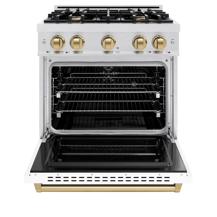 ZLINE Autograph 30" 4.2 cu. ft. Classic Dual Fuel Range with 4 Burners in DuraSnow® Stainless Steel with White Matte Door and Champagne Bronze Accents, CDRSZ-WM-30-CB