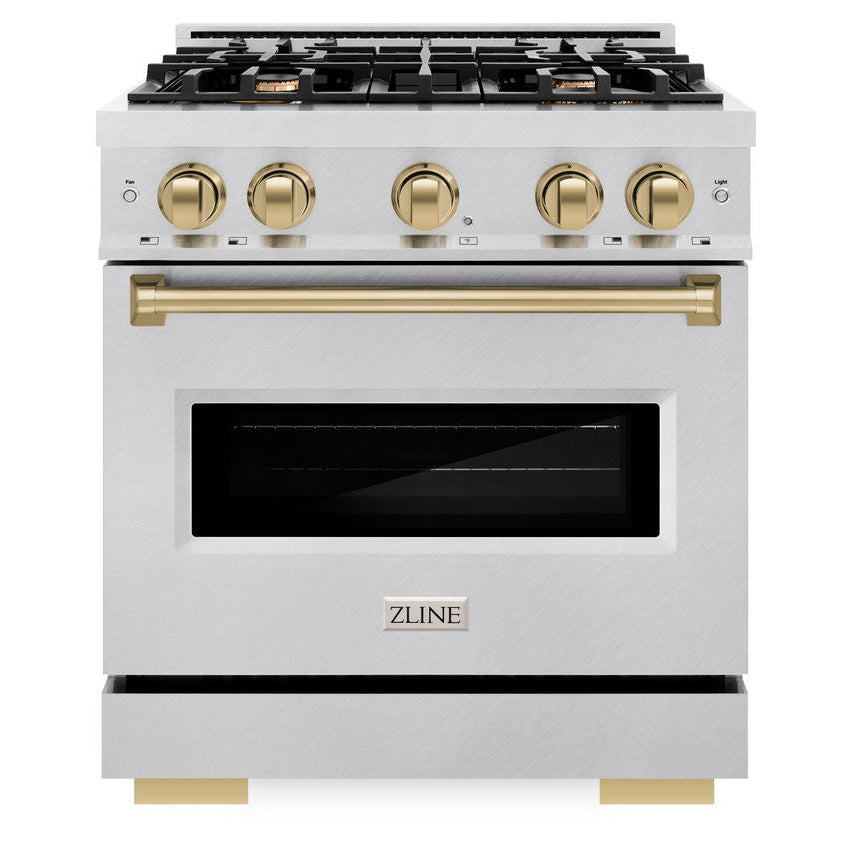ZLINE Autograph 30" 4.2 cu. ft. Classic Dual Fuel Range with 4 Burners in DuraSnow® Stainless Steel with Champagne Bronze Accents, CDRSZ-30-CB