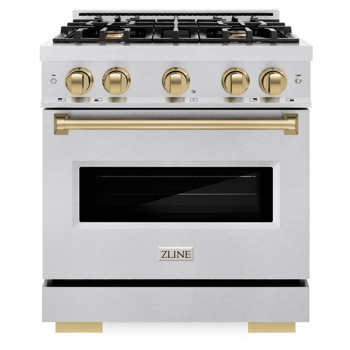 ZLINE Autograph 30" 4.2 cu. ft. Classic Dual Fuel Range with 4 Burners in DuraSnow® Stainless Steel with Champagne Bronze Accents, CDRSZ-30-CB