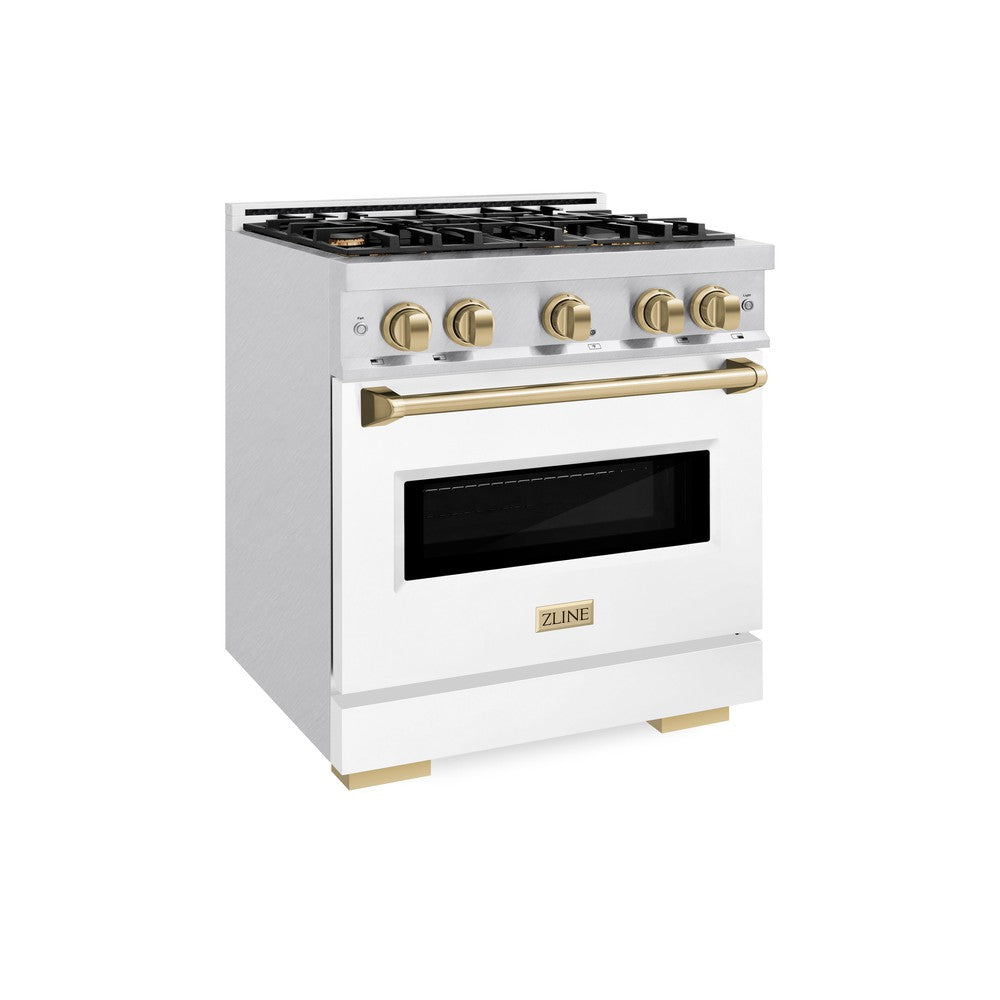 ZLINE Autograph 30" 4.2 cu. ft. Classic Dual Fuel Range with 4 Burners in DuraSnow® Stainless Steel with White Matte Door and Champagne Bronze Accents, CDRSZ-WM-30-CB