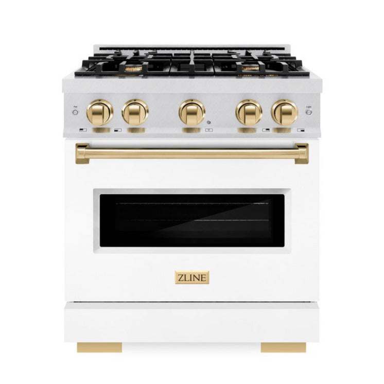 ZLINE Autograph 30" 4.2 cu. ft. Classic Dual Fuel Range with 4 Burners in DuraSnow® Stainless Steel with White Matte Door and Polished Gold Accents, CDRSZ-WM-30-G