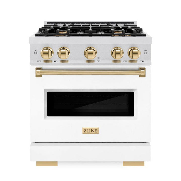 ZLINE Autograph 30" 4.2 cu. ft. Classic Dual Fuel Range with 4 Burners in DuraSnow® Stainless Steel with White Matte Door and Polished Gold Accents, CDRSZ-WM-30-G