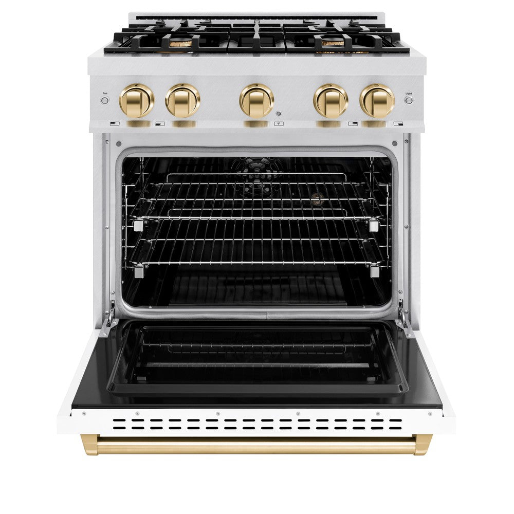 ZLINE Autograph 30" 4.2 cu. ft. Classic Dual Fuel Range with 4 Burners in DuraSnow® Stainless Steel with White Matte Door and Polished Gold Accents, CDRSZ-WM-30-G