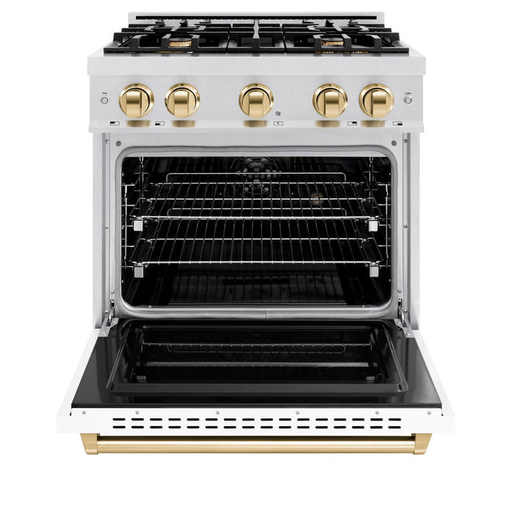 ZLINE Autograph 30" 4.2 cu. ft. Classic Dual Fuel Range with 4 Burners in DuraSnow® Stainless Steel with White Matte Door and Polished Gold Accents, CDRSZ-WM-30-G