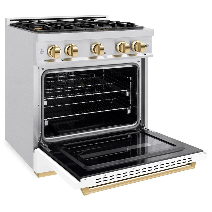 ZLINE Autograph 30" 4.2 cu. ft. Classic Dual Fuel Range with 4 Burners in DuraSnow® Stainless Steel with White Matte Door and Polished Gold Accents, CDRSZ-WM-30-G