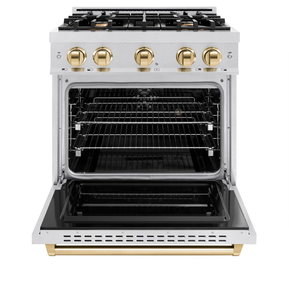 ZLINE Autograph 30" 4.2 cu. ft. Classic Dual Fuel Range with 4 Burners in DuraSnow® Stainless Steel with Polished Gold Accents, CDRSZ-30-G