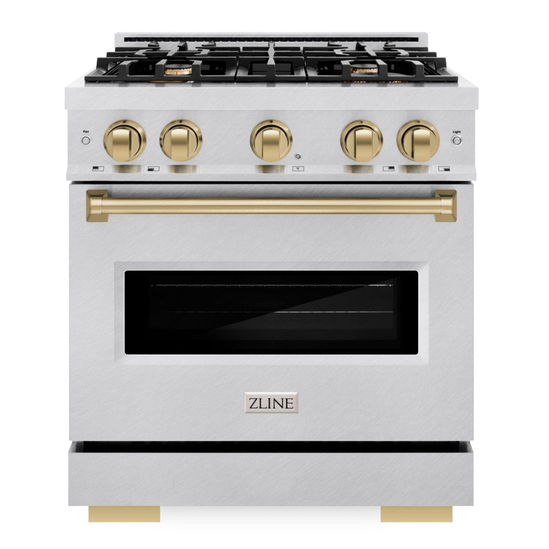 ZLINE Autograph 30" 4.2 cu. ft. Classic Gas Range with 4 Burners in DuraSnow® Stainless Steel and Champagne Bronze Accents, CGRSZ-30-CB