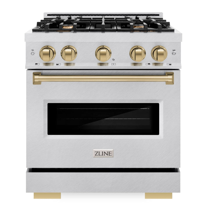 ZLINE Autograph 30" 4.2 cu. ft. Classic Gas Range with 4 Burners in DuraSnow® Stainless Steel and Champagne Bronze Accents, CGRSZ-30-CB