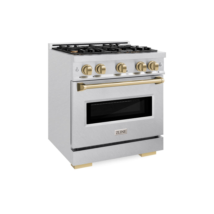 ZLINE Autograph 30" 4.2 cu. ft. Classic Gas Range with 4 Burners in DuraSnow® Stainless Steel and Champagne Bronze Accents, CGRSZ-30-CB