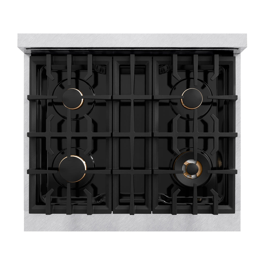 ZLINE Autograph 30" 4.2 cu. ft. Classic Gas Range with 4 Burners in DuraSnow® Stainless Steel and Champagne Bronze Accents, CGRSZ-30-CB