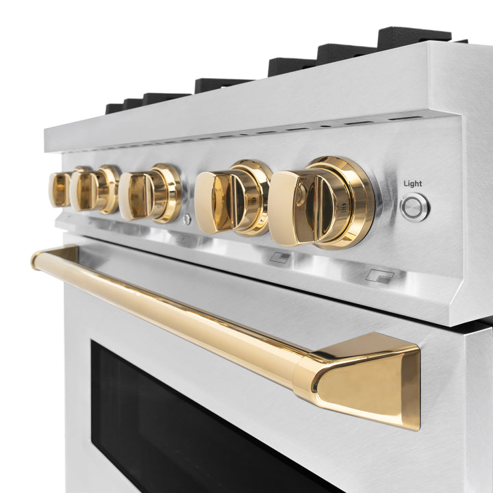 ZLINE Autograph 30" 4.2 cu. ft. Classic Gas Range with 4 Burners in DuraSnow® Stainless Steel and Polished Gold Accents, CGRSZ-30-G