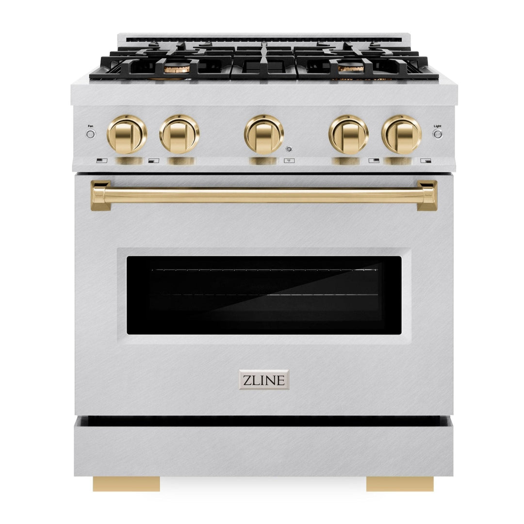 ZLINE Autograph 30" 4.2 cu. ft. Classic Gas Range with 4 Burners in DuraSnow® Stainless Steel and Polished Gold Accents, CGRSZ-30-G