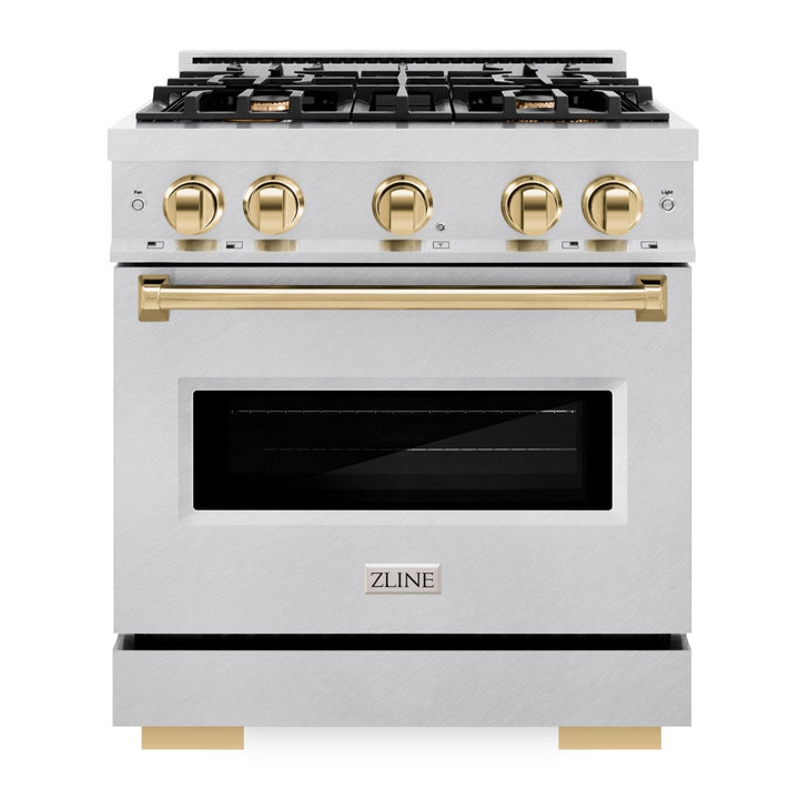 ZLINE Autograph 30" 4.2 cu. ft. Classic Gas Range with 4 Burners in DuraSnow® Stainless Steel and Polished Gold Accents, CGRSZ-30-G