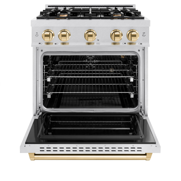 ZLINE Autograph 30" 4.2 cu. ft. Classic Gas Range with 4 Burners in DuraSnow® Stainless Steel and Polished Gold Accents, CGRSZ-30-G