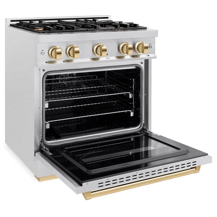 ZLINE Autograph 30" 4.2 cu. ft. Classic Gas Range with 4 Burners in DuraSnow® Stainless Steel and Polished Gold Accents, CGRSZ-30-G
