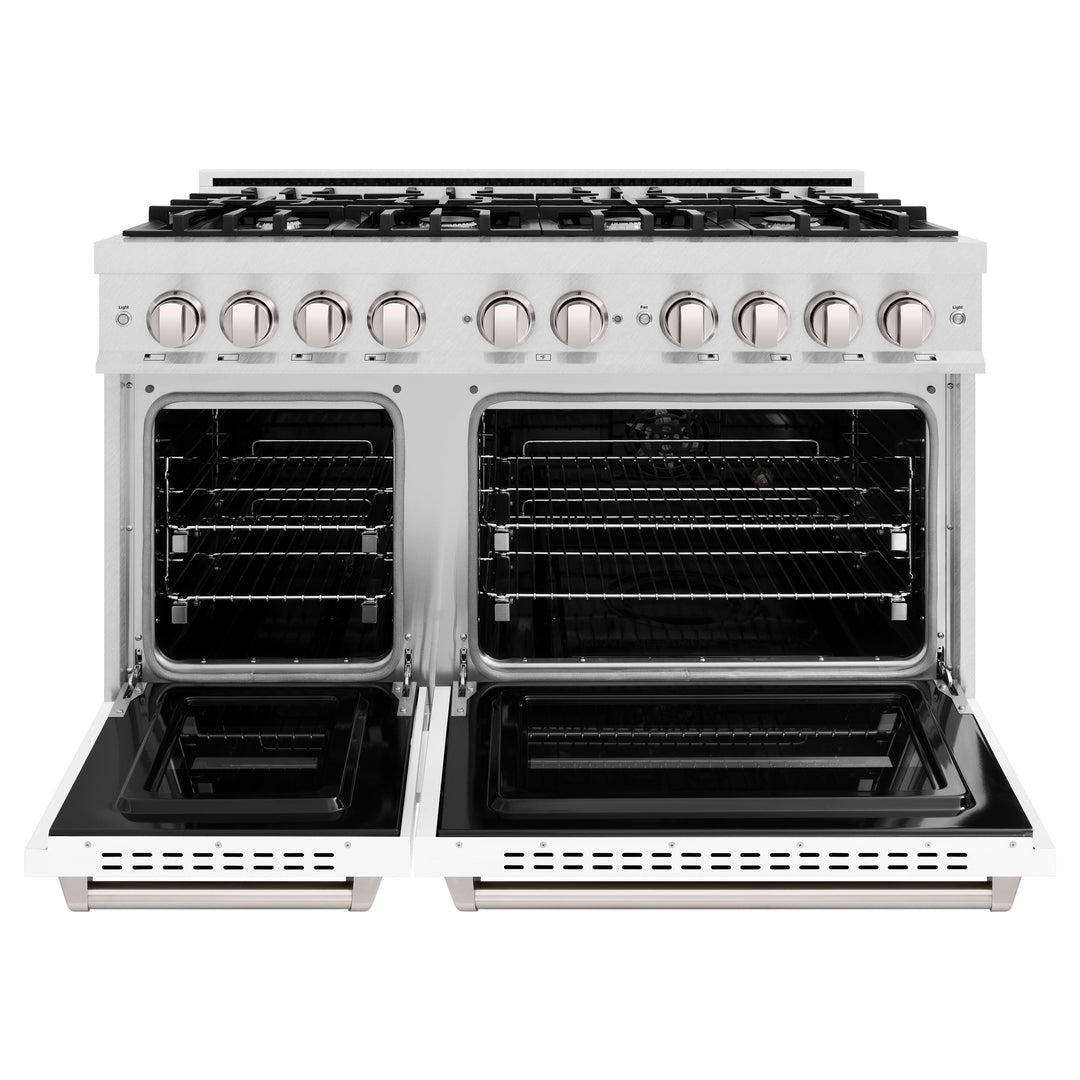 ZLINE 48" 6.7 cu. ft. Classic Double Oven Gas Range with 8 Burners in DuraSnow® Stainless Steel with White Matte Doors, CGRS-WM-48