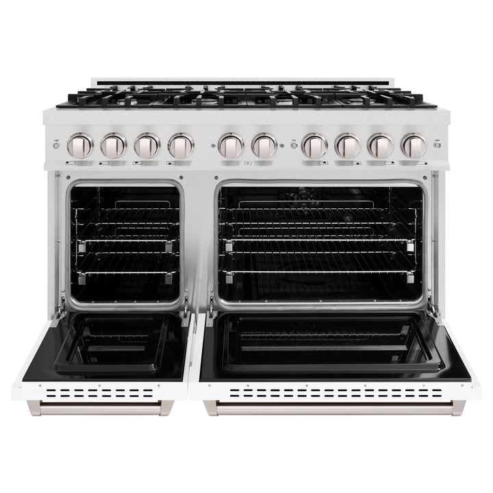 ZLINE 48" 6.7 cu. ft. Classic Double Oven Gas Range with 8 Burners in DuraSnow® Stainless Steel with White Matte Doors, CGRS-WM-48