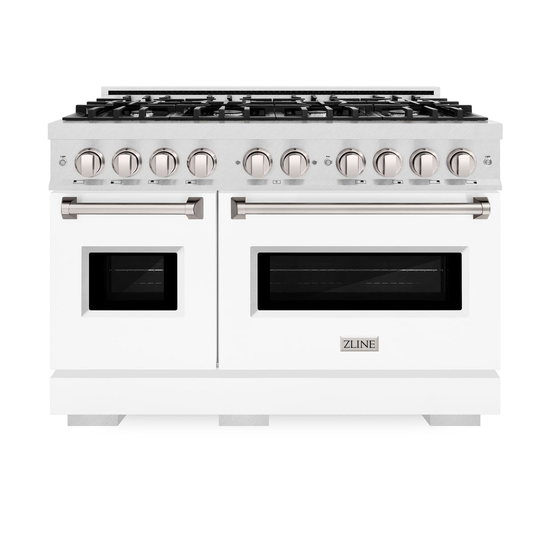 ZLINE 48" 6.7 cu. ft. Classic Double Oven Gas Range with 8 Burners in DuraSnow® Stainless Steel with White Matte Doors, CGRS-WM-48