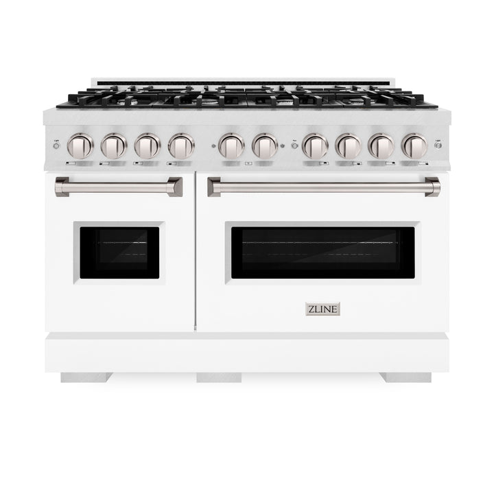 ZLINE 48" 6.7 cu. ft. Classic Double Oven Gas Range with 8 Burners in DuraSnow® Stainless Steel with White Matte Doors, CGRS-WM-48