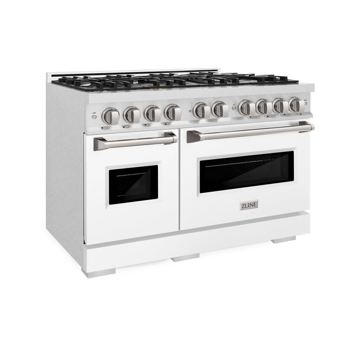 ZLINE 48" 6.7 cu. ft. Classic Double Oven Gas Range with 8 Burners in DuraSnow® Stainless Steel with White Matte Doors, CGRS-WM-48