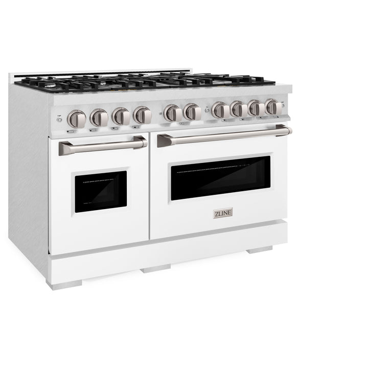 ZLINE 48" 6.7 cu. ft. Classic Double Oven Gas Range with 8 Burners in DuraSnow® Stainless Steel with White Matte Doors, CGRS-WM-48