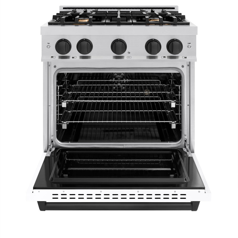 ZLINE Autograph 30" 4.2 cu. ft. Classic Dual Fuel Range with 4 Burners in Stainless Steel with White Matte Door and Matte Black Accents, CDRZ-WM-30-MB