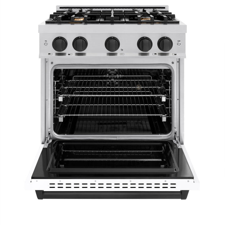 ZLINE Autograph 30" 4.2 cu. ft. Classic Dual Fuel Range with 4 Burners in Stainless Steel with White Matte Door and Matte Black Accents, CDRZ-WM-30-MB