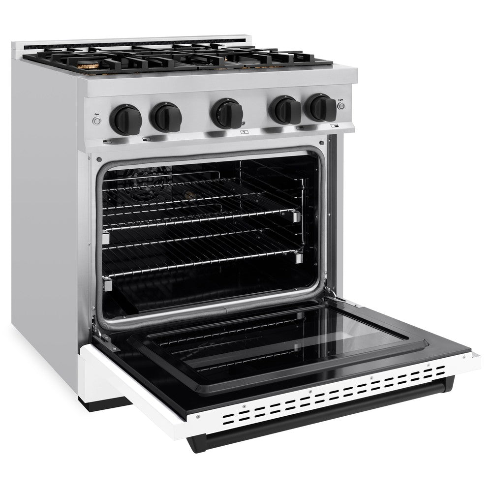 ZLINE Autograph 30" 4.2 cu. ft. Classic Dual Fuel Range with 4 Burners in Stainless Steel with White Matte Door and Matte Black Accents, CDRZ-WM-30-MB