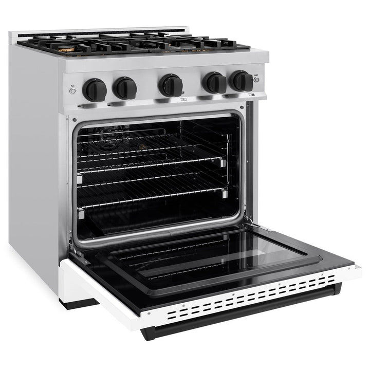 ZLINE Autograph 30" 4.2 cu. ft. Classic Dual Fuel Range with 4 Burners in Stainless Steel with White Matte Door and Matte Black Accents, CDRZ-WM-30-MB