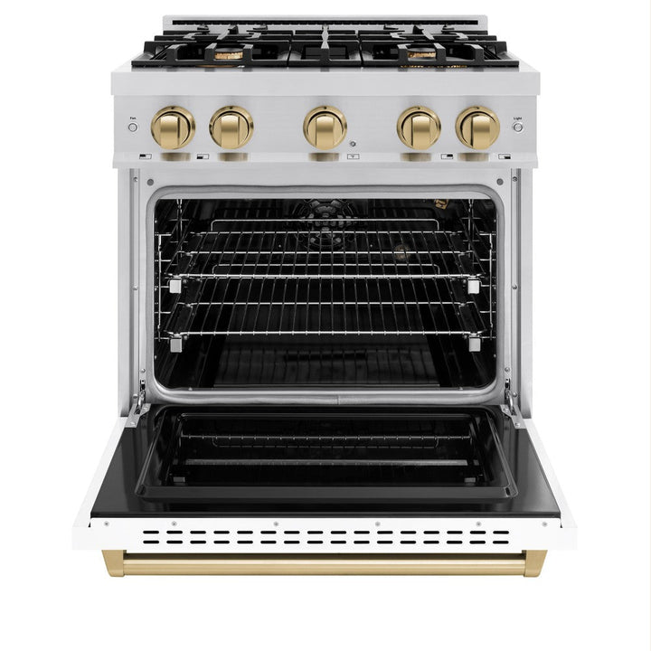 ZLINE Autograph 30" 4.2 cu. ft. Classic Gas Range with 4 Burners in Stainless Steel with White Matte Door and Champagne Bronze Accents, CGRZ-WM-30-CB